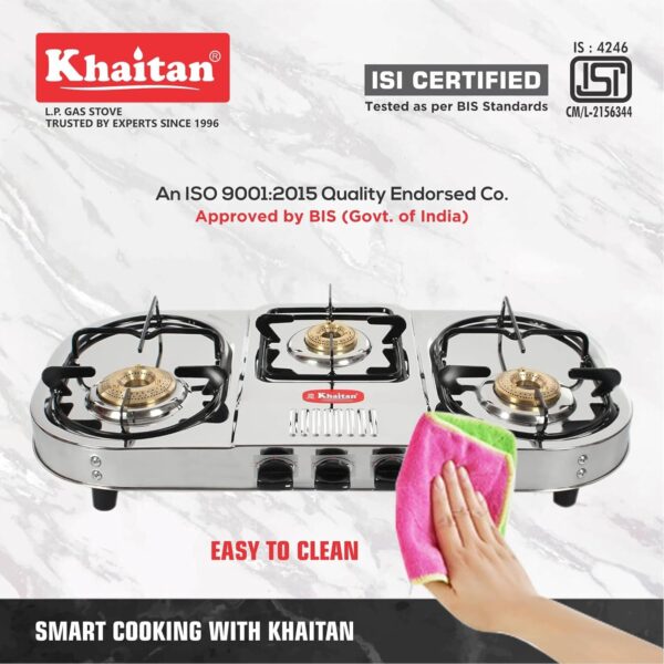 Khaitan 3 Burner Double Decker Pro (with Jumbo Brass burner) Stainless Steel | ISI CERTIFIED | Manual Gas Stove (3 Burners) - Image 7