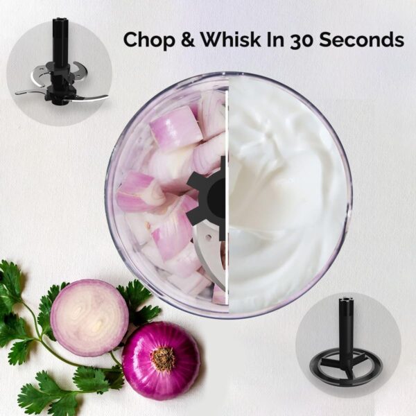 Crompton ChopMaxx Electric Vegetable Chopper | 300 Watts Motors | Twin S-Shaped Ninja food grade blades | 800 ml see through food grade bowl | Whisking attachment | Easy to clean & Store - Image 8