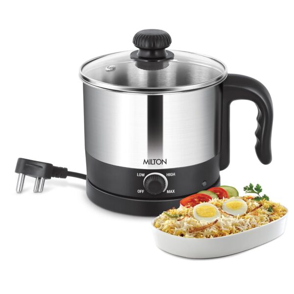 Milton Kitchen Essential Euroline Go Electro Electric Cooker With Glass Lid, 600 Watt, 1.2 Litres, Multi-Purpose Kettle Cum Steamer for Instant Noodles, Eggs, Cordless Pot - Image 2