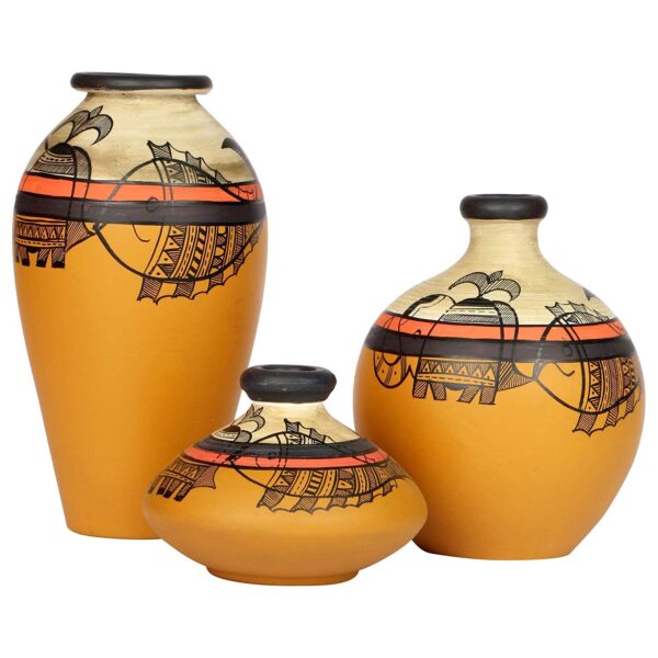 Artysta ‘Madhubani Jungle’ Yellow Handpainted Terracotta Flower Vase, Terracotta Decorative for Home Decor Earthen Flower Vases Pots for Home & Office (Set of 3) - Image 3