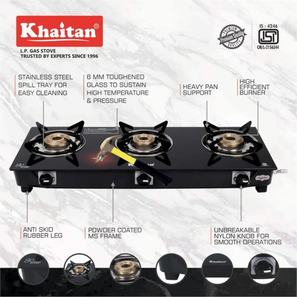 Khaitan 3 Burner BP Jio Black Toughened Glass | LPG Cooktop I Manual Ignition Stove| Ergonomic Knob|with 1 Year Warranty | Pan India Service| LP Gas Stove | ISI Approved (Black) (3 Burner) - Image 7