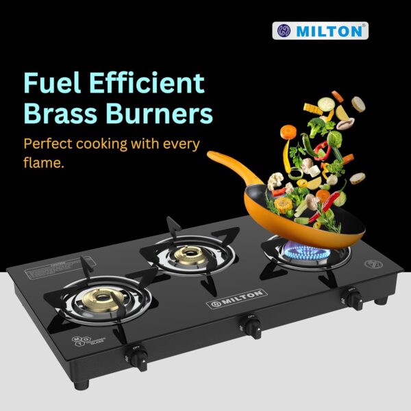 Milton Premium Pro 3 Burners Auto Ignition Gas Stove | ISI Certified | 6mm Toughened Glass Top | 360 Degree Nozzle | Heavy Duty Pan Support | Pure Brass Burners | 1 Year Manufacturer's Warranty -Black - Image 6