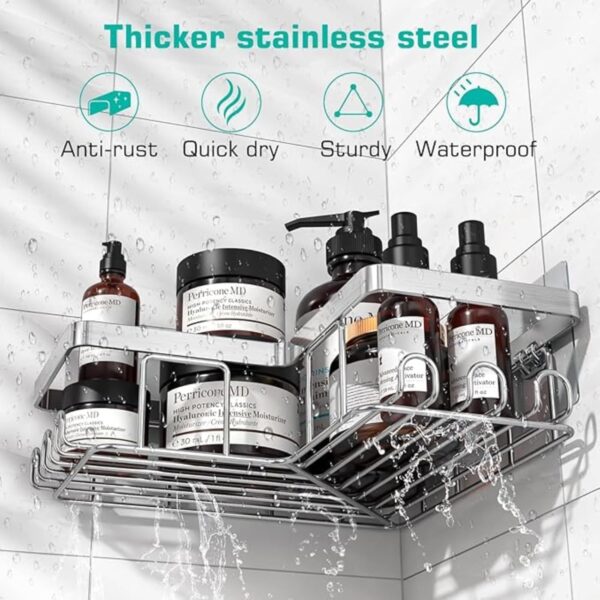 YUMUN 3-Pack,bathroom organiser without drill, shower caddy, adhesive shower caddy with soap holder and 12 hooks, rustproof stainless, bathroom corner shelf, bathroom organizer - Image 4