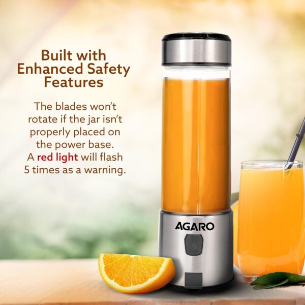 AGARO Galaxy Portable Blender, Portable Hand Blender For Kitchen, 450ml, For Smoothies, Shakes, 126W, 3000 mAh Battery, USB Rechargeable, Stainless Steel Blade. - Image 5