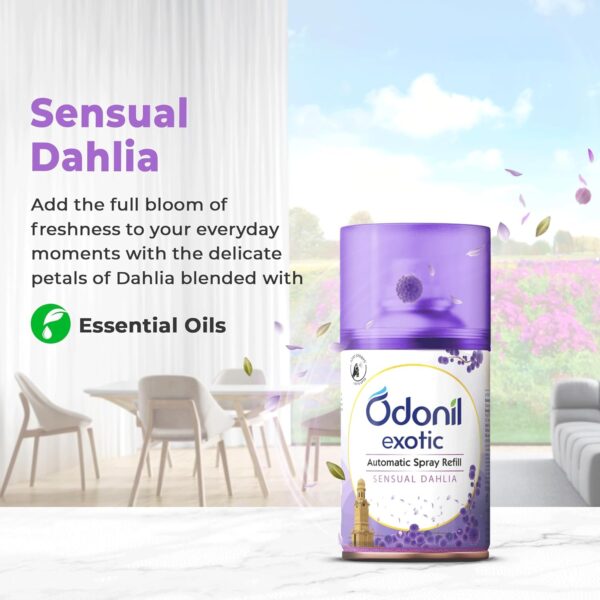 DABUR Odonil Exotic Automatic Spray- 225Ml | Machine + 1 Refill | Sensual Dahlia | 2X Long Lasting | 2200 Sprays Guaranteed | Lasts Upto 60 Days | Suitable for Washroom, Gym area, Living Room & Office - Image 4