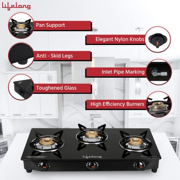 Lifelong 3 Burner Gas Stove Top for Kitchen - Manual Ignition Cooktop Modern Glass Stove for Modular Kitchen, ISI Certified & Compatible with LPG - 1 Year Manufacturer's (Black, LLGS18) - Image 6