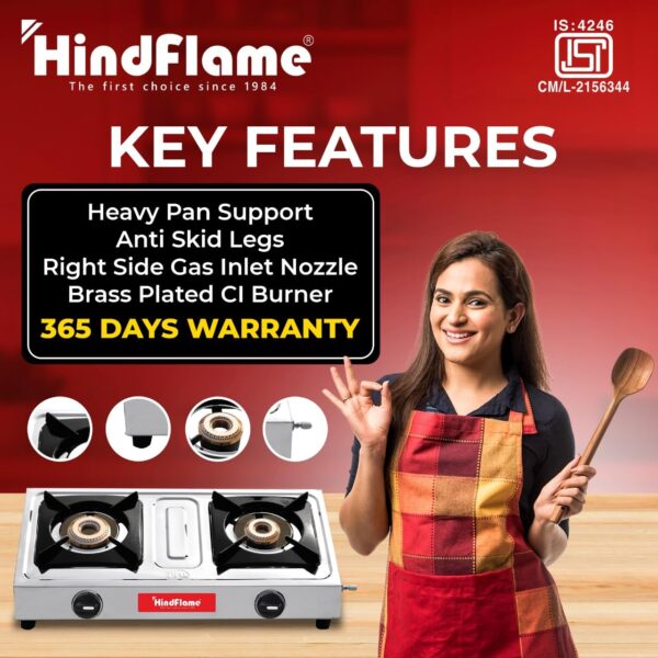 Hindflame 2 Burner Metro Stainless Steel Manual Gas Stove 1 Year Warranty (ISI Certified & BIS Approved) (2 Burner) - Image 5