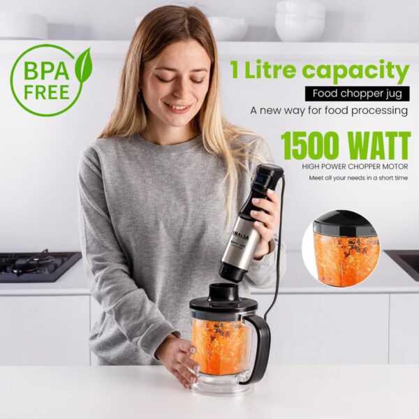 INALSA Hand Blender 1500 W|Silent DC Copper Motor|European Stepless Variable Speed Design| X.Large 1L Chopper|Unique Potato Masher| Detachable| Stainless Steel-Robot INOX 1500 StepUp - Image 4