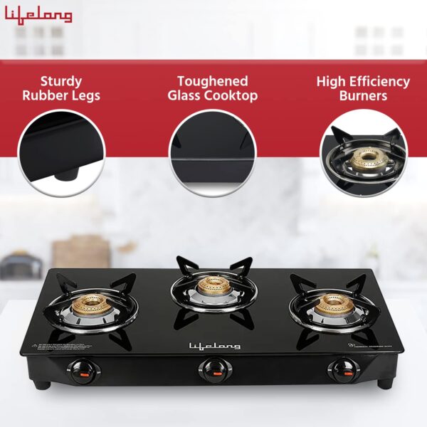 Lifelong 3 Burner Gas Stove Top for Kitchen - Manual Ignition Cooktop Modern Glass Stove for Modular Kitchen, ISI Certified & Compatible with LPG - 1 Year Manufacturer's (Black, LLGS18) - Image 4