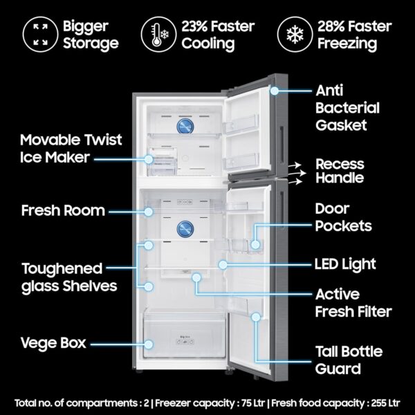 Samsung 330 L, 3 Star, Convertible 5-in-1, Digital Inverter, Frost Free Double Door, WiFi Enabled Bespoke AI Refrigerator (RT34DG5A4DS8HL, Elegant Inox, Silver) - Image 4