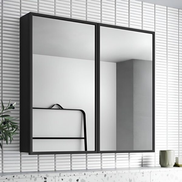 Plantex Aluminium Framed Bathroom Mirror with Storage/Double Door Heavy-Duty Steel Body Bathroom Shelf for Wall with Mirror - 18x18 Inch, Black - Image 2