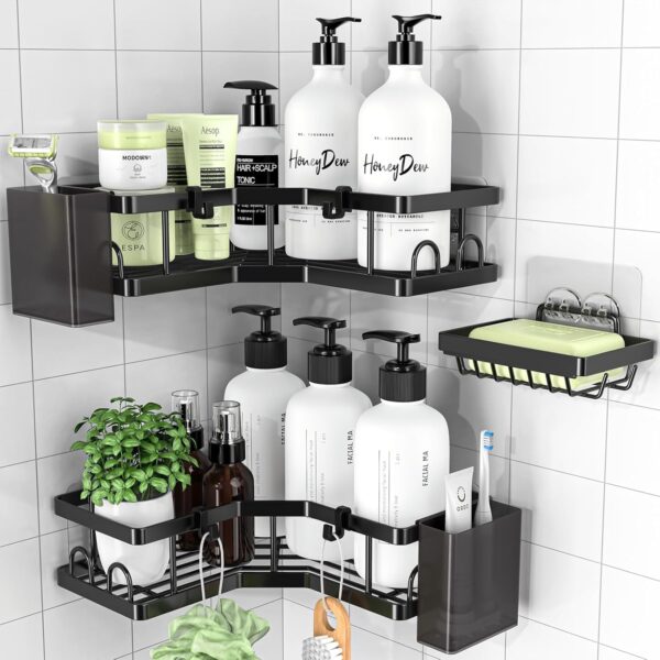 PKBD Corner Shower Caddy 3 Pack,Bathroom Storage No Drilling,shower storage with Soap Holder&Hooks&Toothpaste Holders,Bathroom or Kitchen,Rustproof Stainless Steel suction bathroom accessories,Black - Image 2