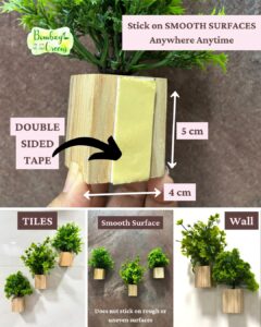 Bombay Greens Wooden Wall Planter| Mini Square Wall Planter for Indoor Plant | Wall Décor Planter for Living Room, Kitchen, Office, Home – Set of 4 with Artificial Plants and Double Sided Tape - Image 6