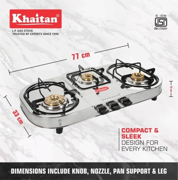 Khaitan 3 Burner Double Decker Pro (with Jumbo Brass burner) Stainless Steel | ISI CERTIFIED | Manual Gas Stove (3 Burners) - Image 4