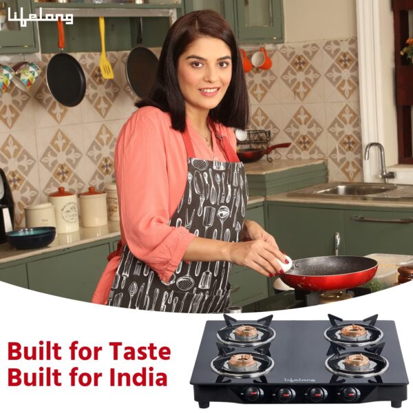 Lifelong Glass Top Gas Stove, 4 Burner Gas Stove, Black (ISI Certified,1 year warranty with Doorstep Service) - Image 3