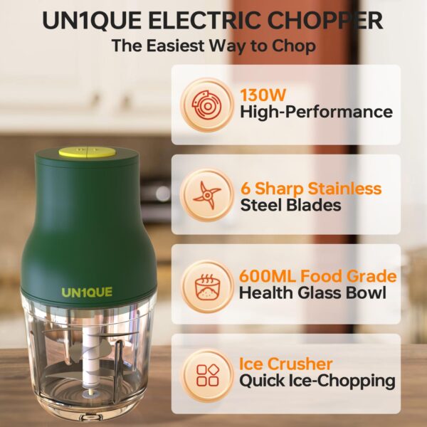 UN1QUE Automatic Electric Chopper for Kitchen | Two Speed Mode | Stainless Steel Blades | One Touch Cutter for Onion Vegetables Garlic Ginger Meat Fruits (600ML | Wired | 1 Year Warranty) - Image 3