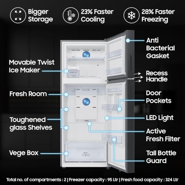 Samsung 419 L, 3 Star, Convertible 5-in-1, Digital Inverter, Frost Free Double Door, Bespoke AI WiFi Enabled Refrigerator (RT45DG6A4DB1HL, Black Matte) - Image 4