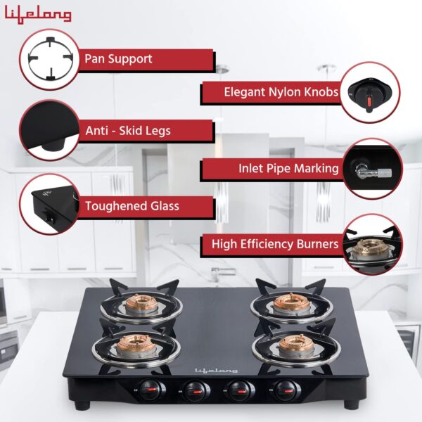 Lifelong Glass Top Gas Stove, 4 Burner Gas Stove, Black (ISI Certified,1 year warranty with Doorstep Service) - Image 8