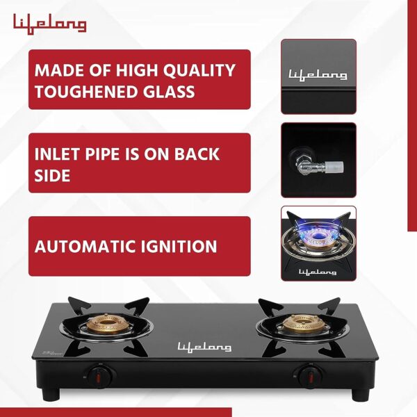 Lifelong 2 Burner Gas Stove Top for Kitchen - Automatic Ignition Cooktop Modern Glass Stove for Modular Kitchen, ISI Certified & Compatible with LPG - 1 Year Manufacturer's (Black, LLGS912) - Image 7