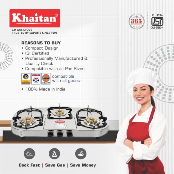 Khaitan 3 Burner Double Decker Pro (with Jumbo Brass burner) Stainless Steel | ISI CERTIFIED | Manual Gas Stove (3 Burners) - Image 6