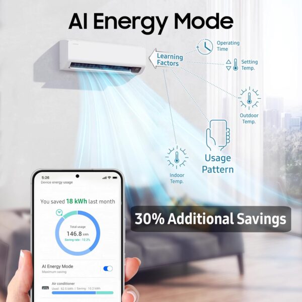 Samsung 1.5 Ton 5 Star Windfree AI Inverter Smart Split AC (WiFi, Energy Saving, Voice Control, Powerful Cooling, Copper, Digital Inverter, 4 Way swing, Convertible, BESPOKE AI AR60F19D1ZW) - Image 5