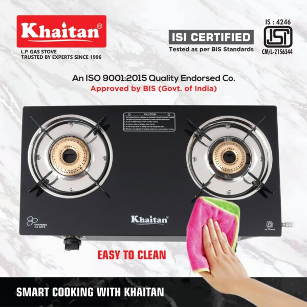 Khaitan 2 Burner Nano Black Toughened Glass | LPG Cooktop I Manual Ignition Stove| Ergonomic Knob | with 1 Year Warranty | Pan India Service | LP Gas Stove | ISI Approved (Black) (2 Burner) - Image 5