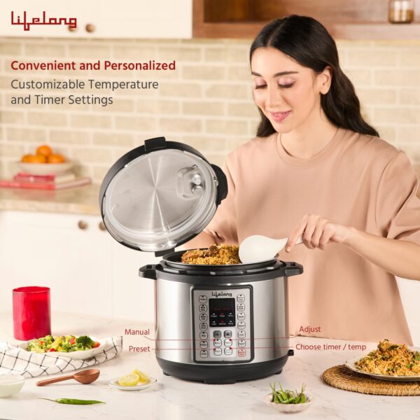 Lifelong Aluminium 5L Electric Steam Pressure Cooker - Slow Cook Method Preserving Nutrients - For All Steam Cooked Food Rice, Added Functions Yogurt, Sautã© & Warm & 9 Presets, 5 Liters, Black - Image 8