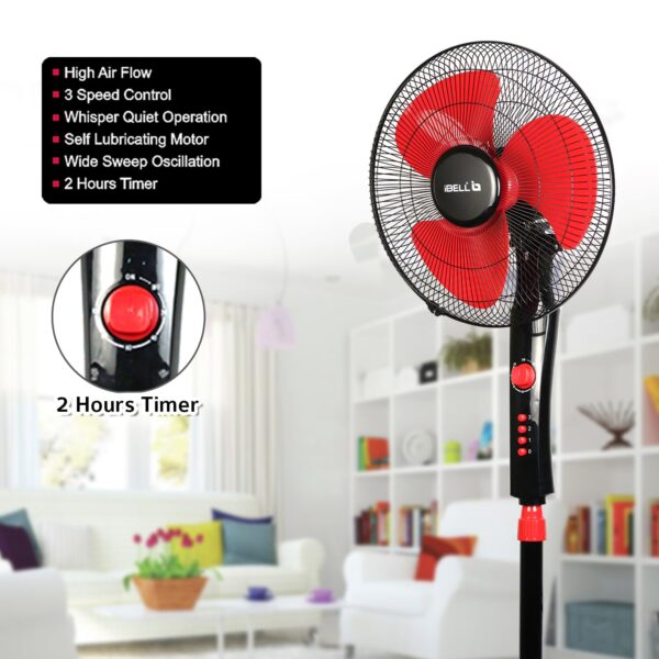 IBELL Zephyr03 Pedestal Fan 3 Leaf 400Mm With Timer And High Speed Motor (Red), 4 Stars - Image 5