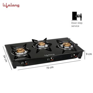 Lifelong 3 Burner Gas Stove Top for Kitchen - Manual Ignition Cooktop Modern Glass Stove for Modular Kitchen, ISI Certified & Compatible with LPG - 1 Year Manufacturer's (Black, LLGS18) - Image 8