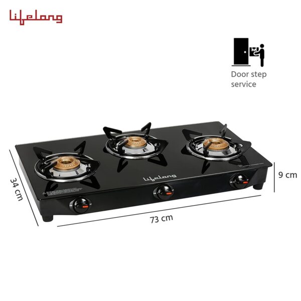 Lifelong 3 Burner Gas Stove Top for Kitchen - Manual Ignition Cooktop Modern Glass Stove for Modular Kitchen, ISI Certified & Compatible with LPG - 1 Year Manufacturer's (Black, LLGS18) - Image 8