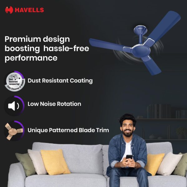 Havells 1200mm Enticer BLDC Prime Ceiling Fan | 5 Star with Remote, 100% Copper, Breeze, Sleep Mode, Timer| Upto 55% Energy Saving, High Air Delivery, 2 Year Warranty | (Pack of 1, Indigo Blue Chrome) - Image 6