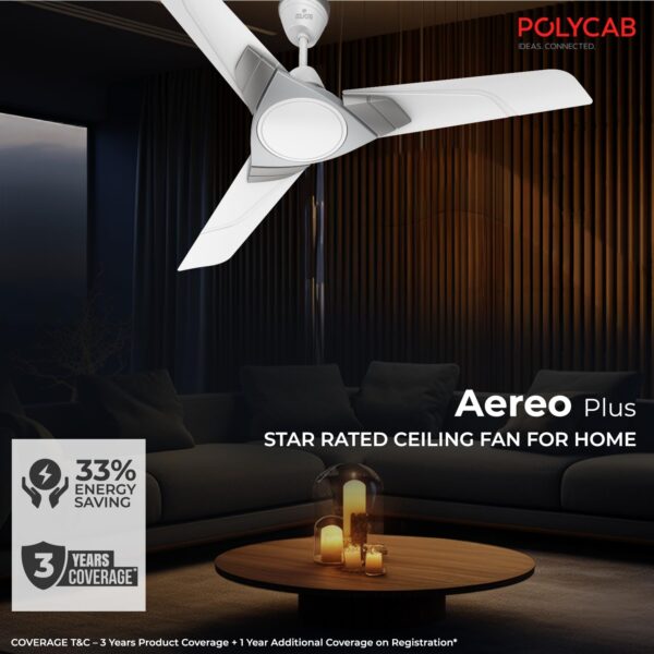 Polycab Aereo Plus Star Rated, 1200mm Ceiling Fan For Home | 100% Copper, High Speed & Air Delivery | Saves Up To 33% Electricity, Rust-Proof Blades, 52 Watt | 3 Years Warranty【Cool Grey Silver】 - Image 3