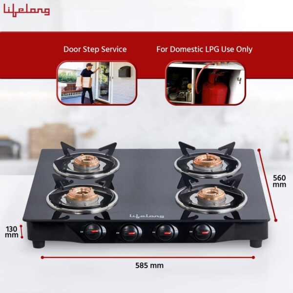 Lifelong Glass Top Gas Stove, 4 Burner Gas Stove, Black (ISI Certified,1 year warranty with Doorstep Service) - Image 6