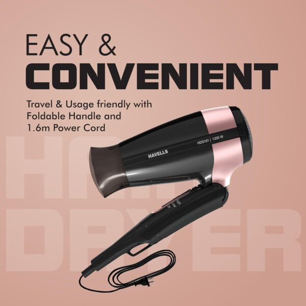 Havells 1200W Foldable Hair Dryer; 3 Heat Settings With Cool Shot (Hot/Cool/Warm),Heat Balance Technology|Cool Black|Your Perfect Blow Dry Companion For Effortless Hair Styling|Hd3161-1200 Watts - Image 7