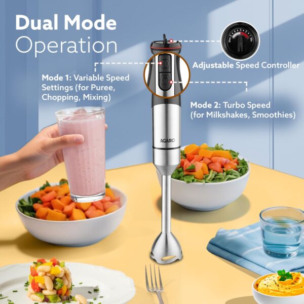 AGARO Grand Plus 6 in 1 Hand Blender 1000W, 100% Copper Motor, 2 Variable Speed Modes & Speed Regulator, Stainless Steel Blades, Chopper,Whisker,Multipurpose Jar, frother, slicer, shredder, Black - Image 4