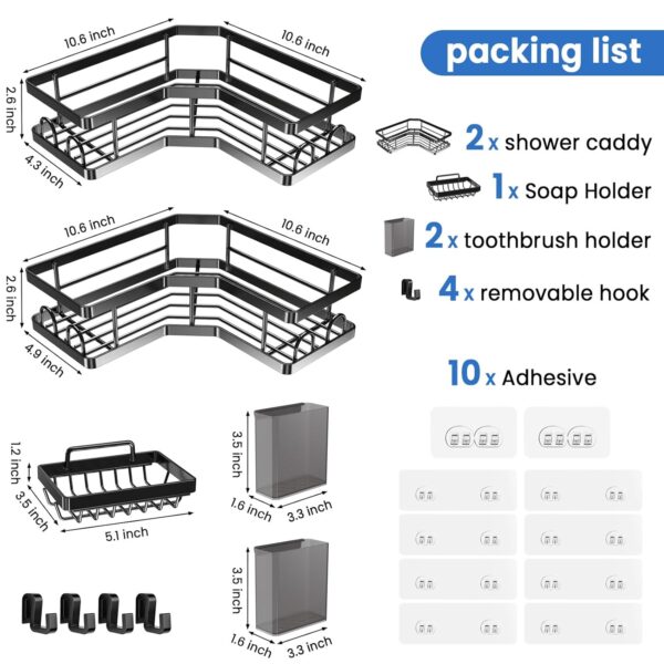 PKBD Corner Shower Caddy 3 Pack,Bathroom Storage No Drilling,shower storage with Soap Holder&Hooks&Toothpaste Holders,Bathroom or Kitchen,Rustproof Stainless Steel suction bathroom accessories,Black - Image 3