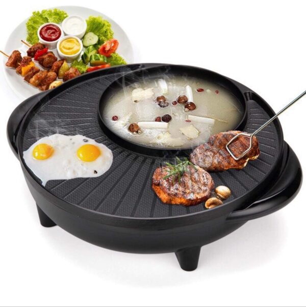 CREDLY Smokeless Grill Double Layer Household Electric Baking Pan 2 in 1 Multi functional Nonstick Electric BBQ Raclette Hotpot with Grill Pan - Image 2