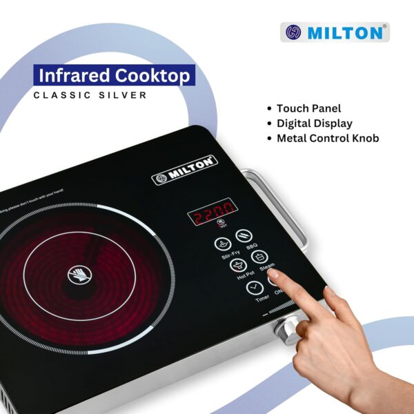 MILTON Classic 2200 Watt Infrared Cooktop with Crystal Glass & Touch Panel | 4 Pre set cooking Modes | Stir-fry | BBQ | Hot Pot | Steam | 60°C to 600°C | Digital time & Watt display - Classic SIlver - Image 5