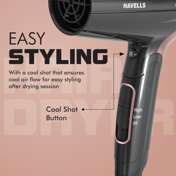 Havells 1200W Foldable Hair Dryer; 3 Heat Settings With Cool Shot (Hot/Cool/Warm),Heat Balance Technology|Cool Black|Your Perfect Blow Dry Companion For Effortless Hair Styling|Hd3161-1200 Watts - Image 8