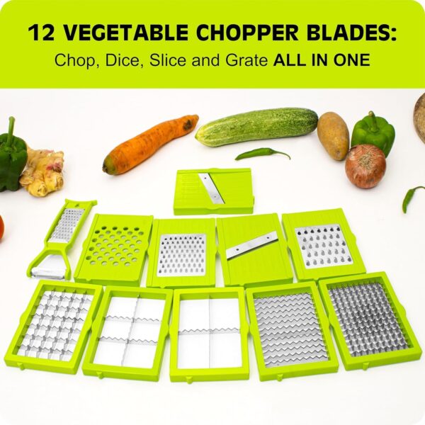 Tekcool 12 in 1 Multipurpose Chopper, Fruits & Vegetable Cutters, Grater Peeler Chipser, Unbreakable Food Grade Body, Easy Push to Clean Button Slicer Dicer, Chopper for Kitchen (Green, Plastic) - Image 6