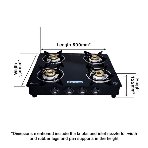 MILTON Premium 4 Burner Black Manual Ignition Glass Top Gas Stove, (ISI Certified) - Image 5