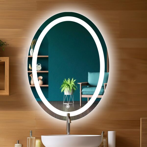 Sunsyze Glass LED Mirror For Bathroom, Washbasin And Office, 18X24 Wall Mounted Oval Mirror With Light/3 Color Light (Warm, White And Natural Light) Brightness Adjustable - Image 2