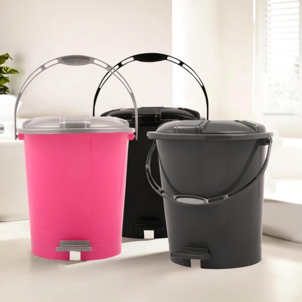 Kuber Industries Pack of 3 Pedal Dustbin | 10 Liter | Dustbin for Bathroom & Kitchen with Lid | Garbage Bin with Handle | Wet & Dry Waste Bin | Check Dhakan Trash Can | Pink-Grey & Black - Image 2