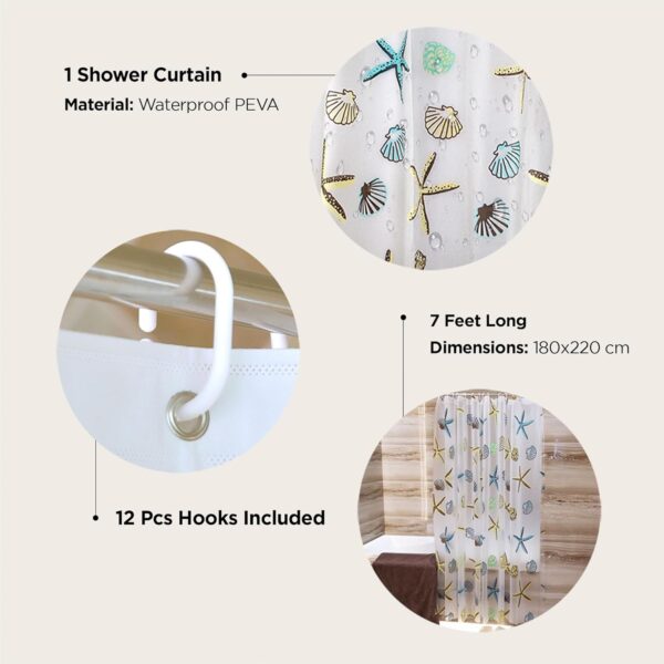 UMAI 7 Feet Peva Shower Opaque Curtain I Sea Shell Printed I 180 X 220Cm I 12 Pcs Hooks Included I Quick Dry I Waterproof I Easy-Slide Curtains I Bath Decor I Multicolour - Image 4