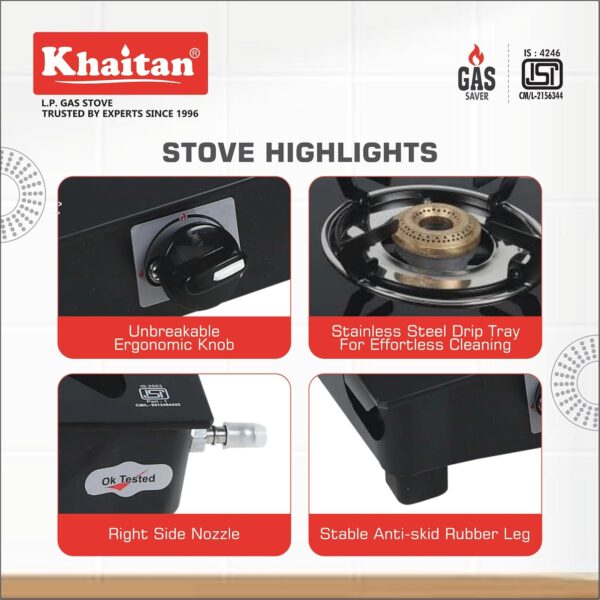 Khaitan 3 Burner BP Jio Black Toughened Glass | LPG Cooktop I Manual Ignition Stove| Ergonomic Knob|with 1 Year Warranty | Pan India Service| LP Gas Stove | ISI Approved (Black) (3 Burner) - Image 8