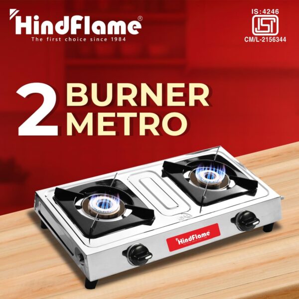 Hindflame 2 Burner Metro Stainless Steel Manual Gas Stove 1 Year Warranty (ISI Certified & BIS Approved) (2 Burner) - Image 3