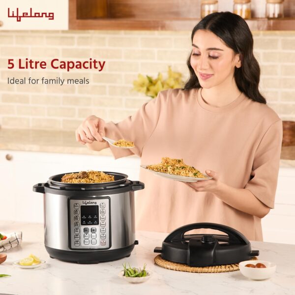 Lifelong Aluminium 5L Electric Steam Pressure Cooker - Slow Cook Method Preserving Nutrients - For All Steam Cooked Food Rice, Added Functions Yogurt, Sautã© & Warm & 9 Presets, 5 Liters, Black - Image 3