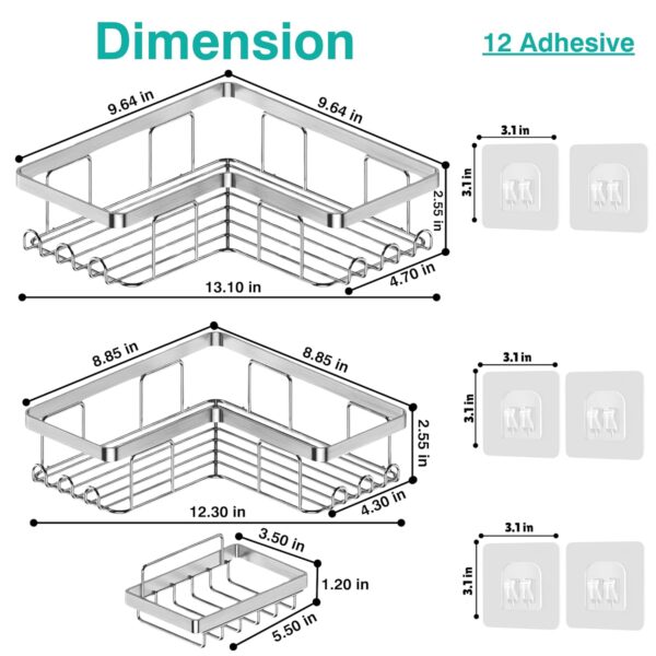 YUMUN 3-Pack,bathroom organiser without drill, shower caddy, adhesive shower caddy with soap holder and 12 hooks, rustproof stainless, bathroom corner shelf, bathroom organizer - Image 3
