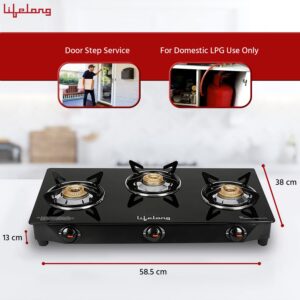 Lifelong 3 Burner Gas Stove Top for Kitchen - Manual Ignition Cooktop Modern Glass Stove for Modular Kitchen, ISI Certified & Compatible with LPG - 1 Year Manufacturer's (Black, LLGS18) - Image 5