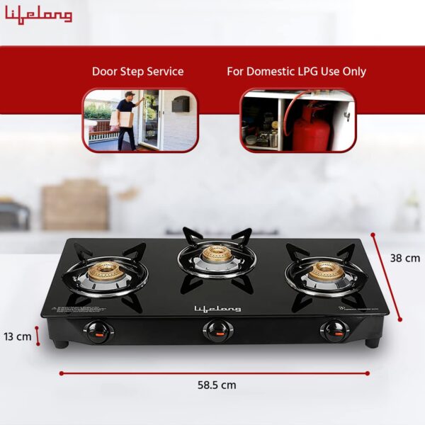 Lifelong 3 Burner Gas Stove Top for Kitchen - Manual Ignition Cooktop Modern Glass Stove for Modular Kitchen, ISI Certified & Compatible with LPG - 1 Year Manufacturer's (Black, LLGS18) - Image 5